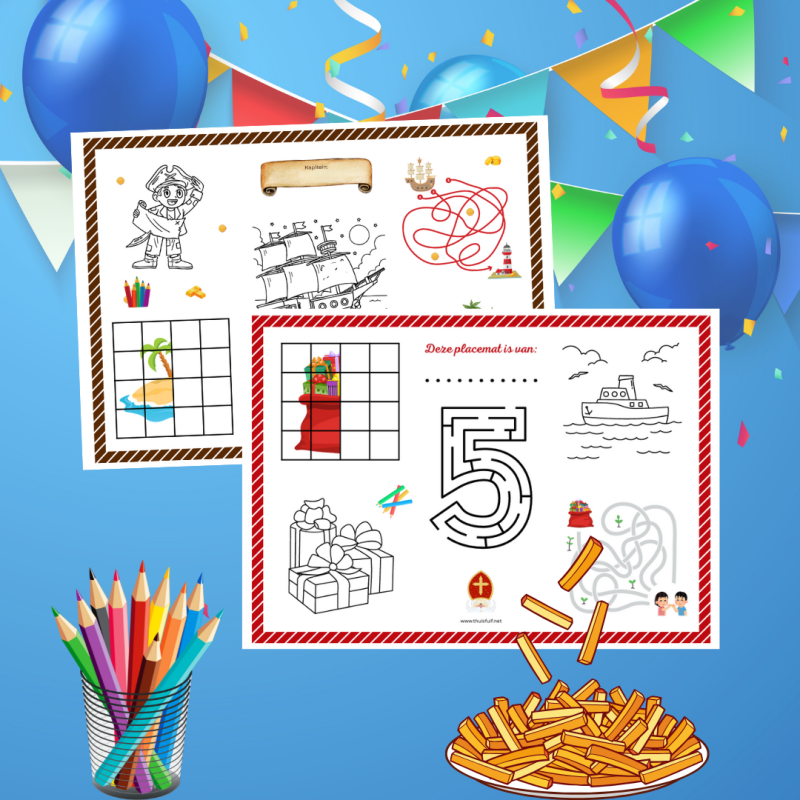 Placemats voor kinderen om te printen. Met thema's als Sinterklaas, kerst en bruiloft. Maar ook thema's voor kinderfeestjes.