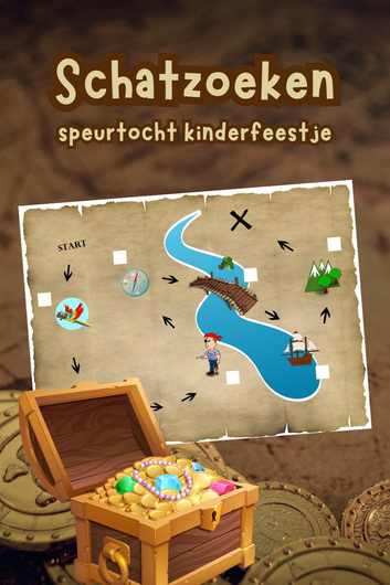 schatzoeken kinderfeestje met schatkaart en schatkist