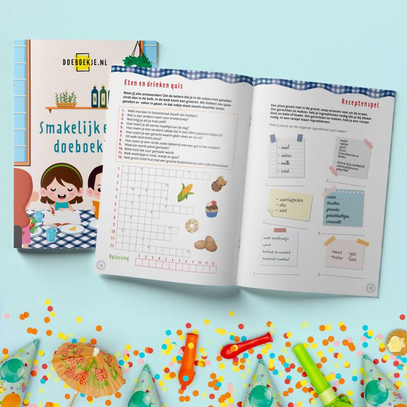 Doeboekje voor een maaltijd op een kinderfeestje. Ook leuk om mee te geven in een goodiebag na een kinderfeestje.