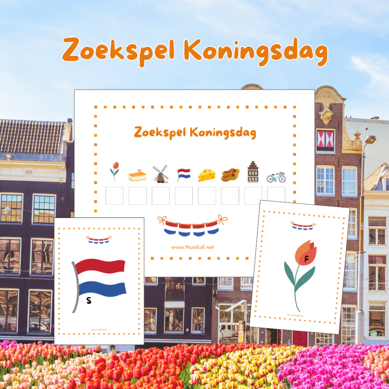 Zoekspel voor Koningsdag en de Koningsspelen. Ideaal voor gebruik op school of tijdens een speurtocht.