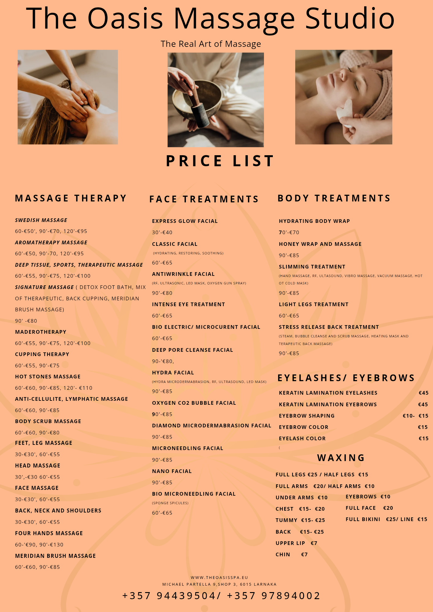 menu, price list, treatments, oasis spa larnaka