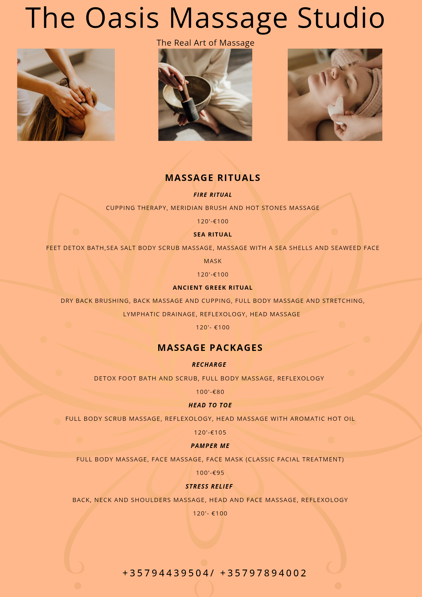 menu, price list, spa packages, rituals oasis spa larnaka