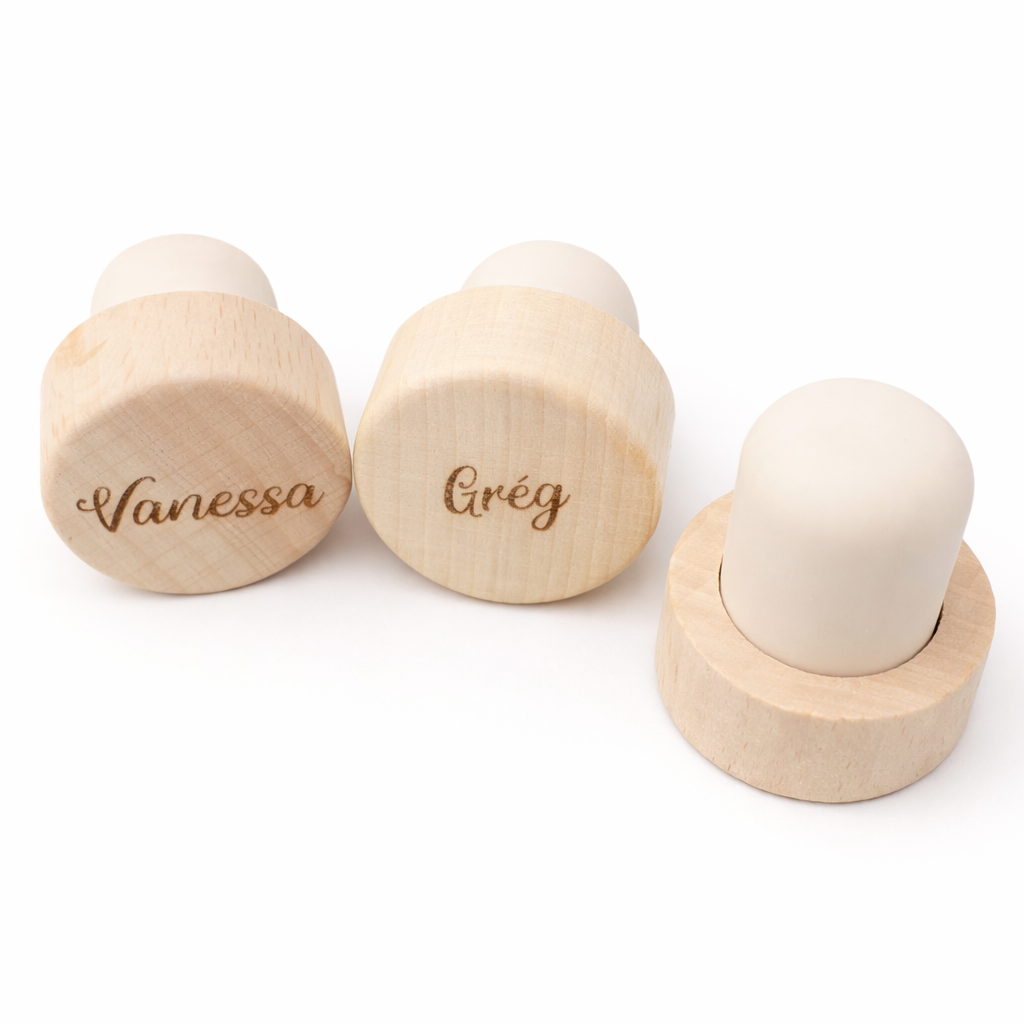 Bouchon personnalisé en bois – Cadeau invité baptême, mariage, anniversaire