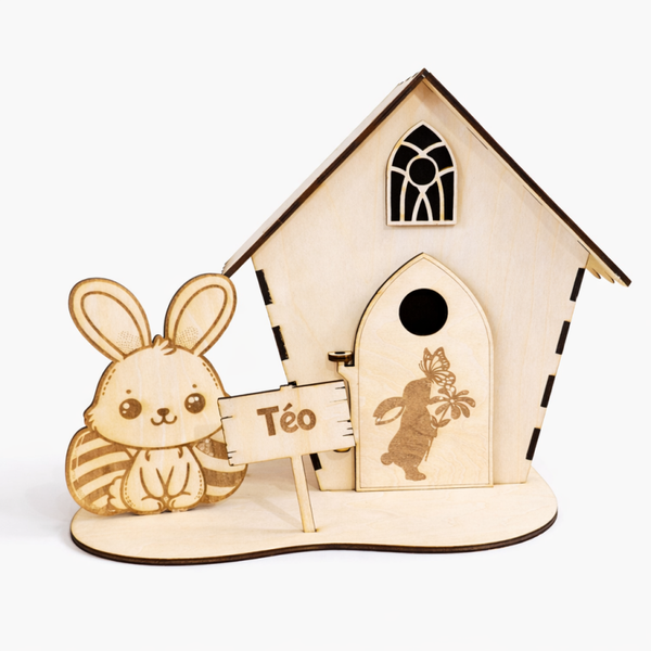 Maison de Pâques personnalisée en bois – Lapin & Prénom gravé
