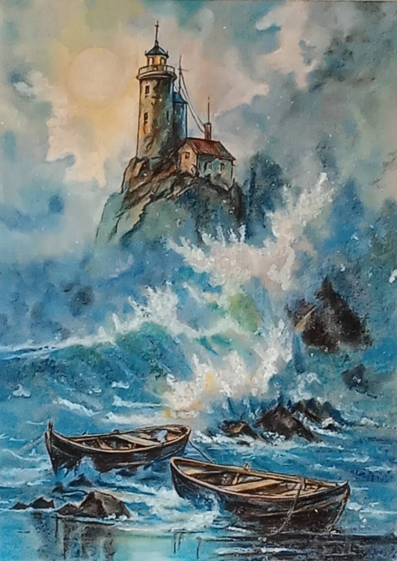 Paesaggio marino con faro nella tempesta e barche a pastello soft