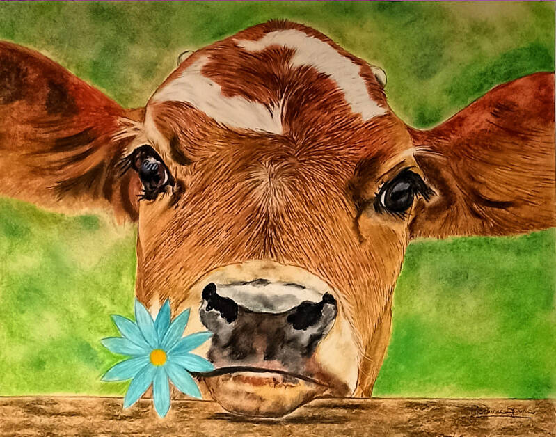 Mucca con vitellino - Ritratto mucca a pastello soft - Amici animali