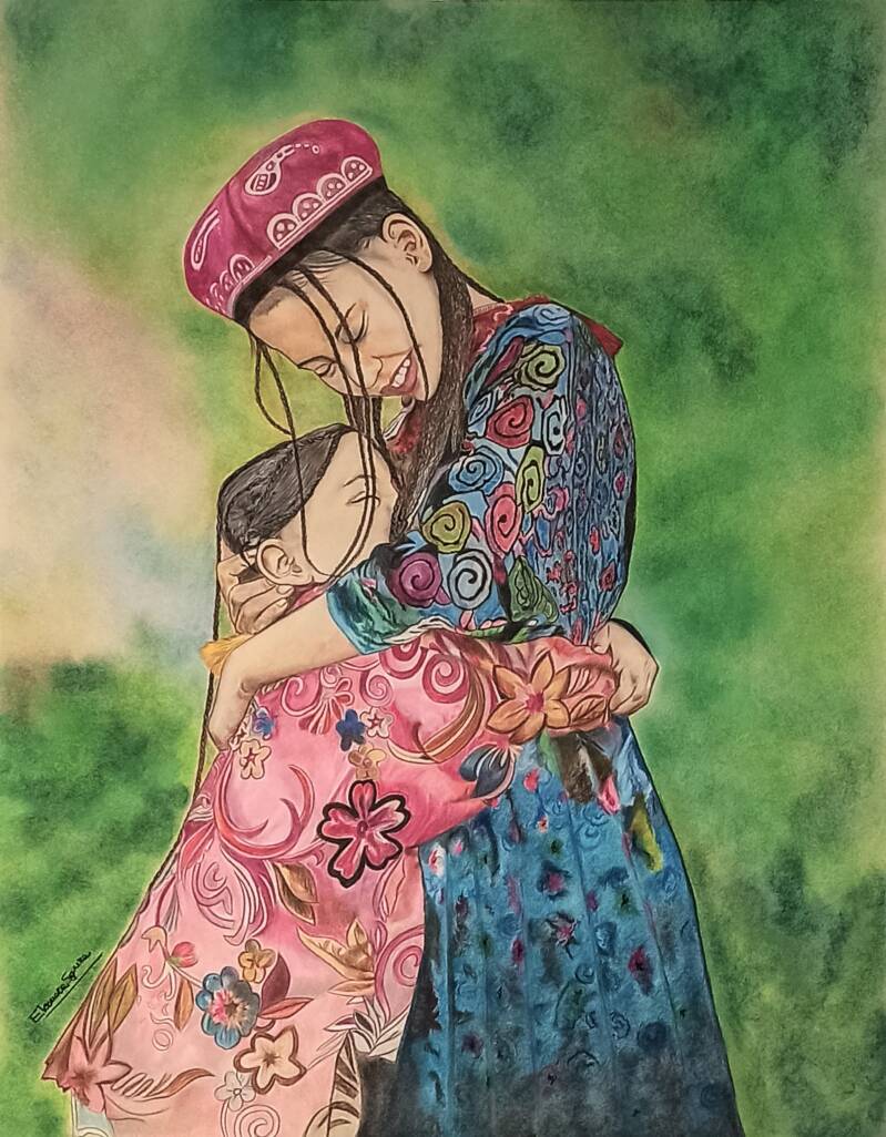 sorelle bimba abbraccio vestito rosa