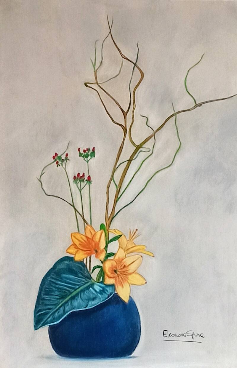 Composizione floreale vaso blu con fiori arancioni - Eleonora Art