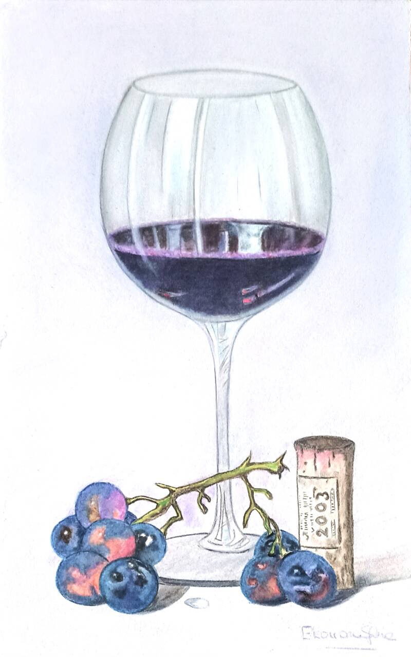 Natura morta bicchiere vino rosso con grappolo d'uva - pastello soft