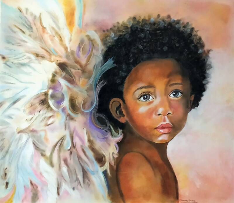 Quadro angelo bambina afro con ali bianche piumate - arte sacra spirituale a pastello