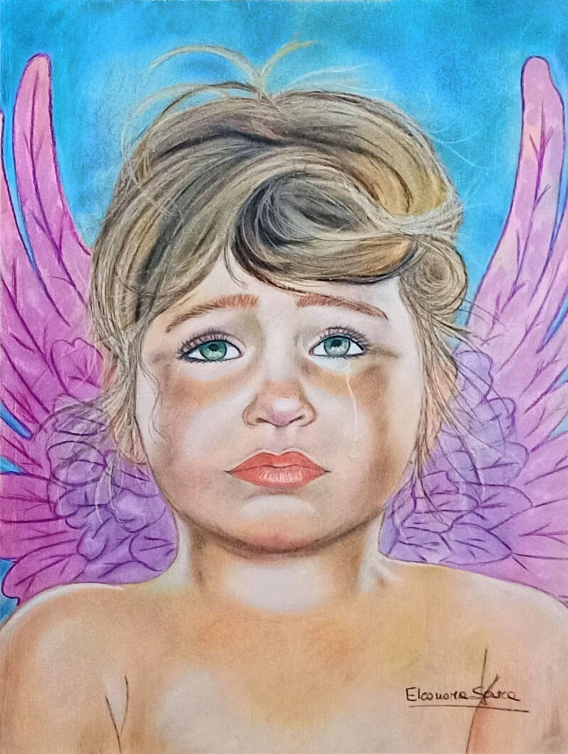 Quadro angelo bambino con ali viola, sguardo intenso - pastello soft Eleonora Sgura