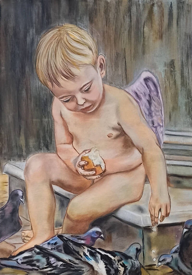 Quadro angelo bambino putto seduto con conchiglia - arte sacra a pastello soft