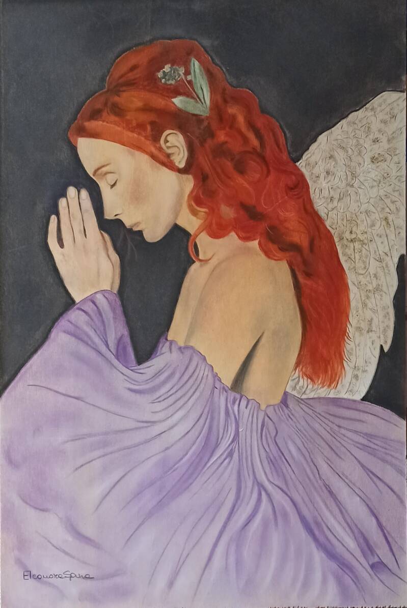 Quadro angelo donna con capelli rossi in preghiera, ali bianche e veste lilla - pastello soft