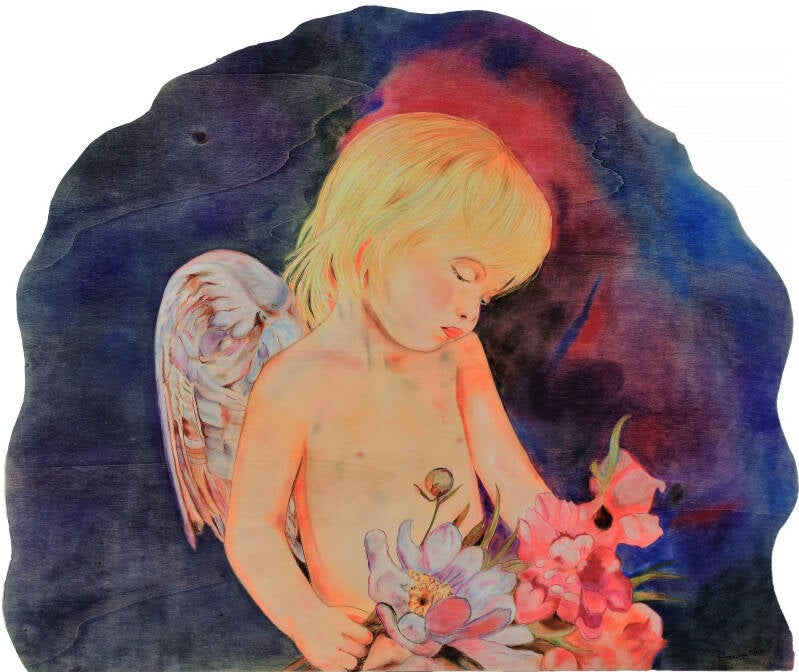 Quadro angelo biondo con fiori tra le braccia e aureola rossa - pastello soft arte sacra