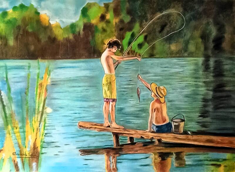 Quadro bambini che pescano dal molo sul lago - scena di vita a pastello