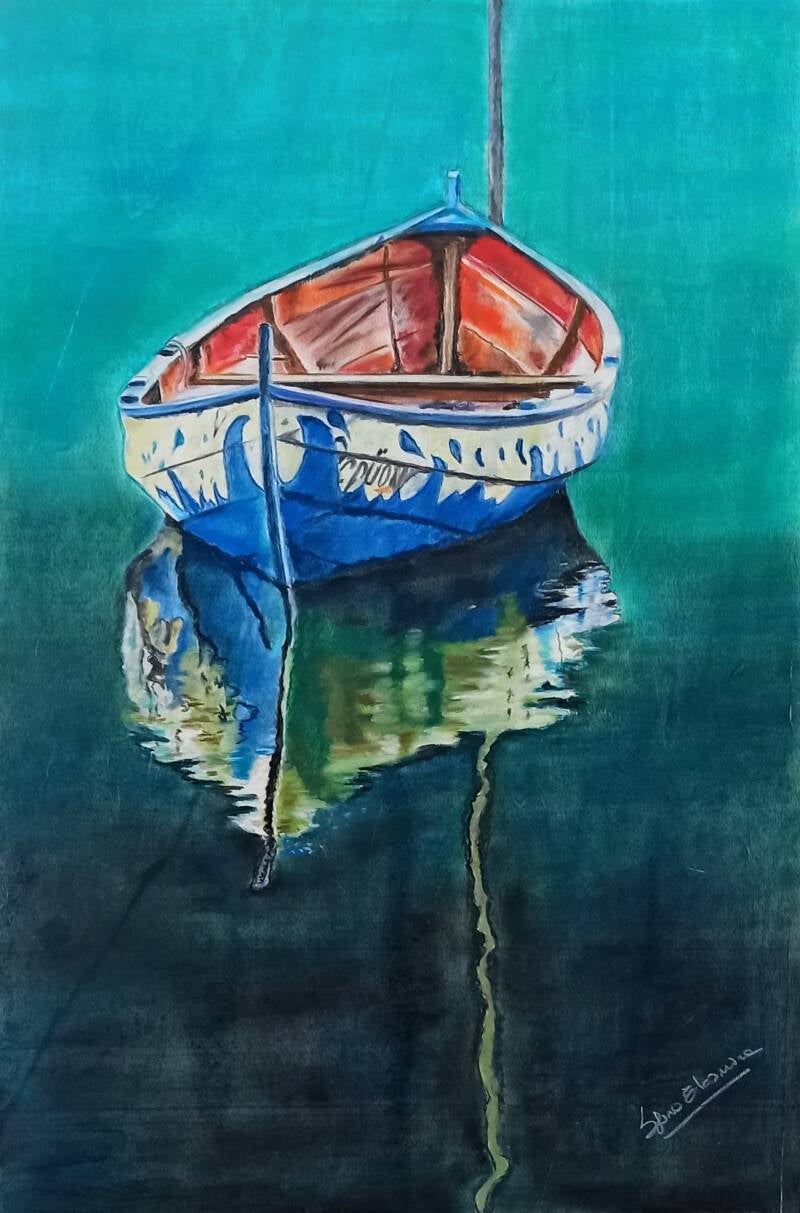 Quadro barca blu e rossa con riflesso sull'acqua - pittura a pastello