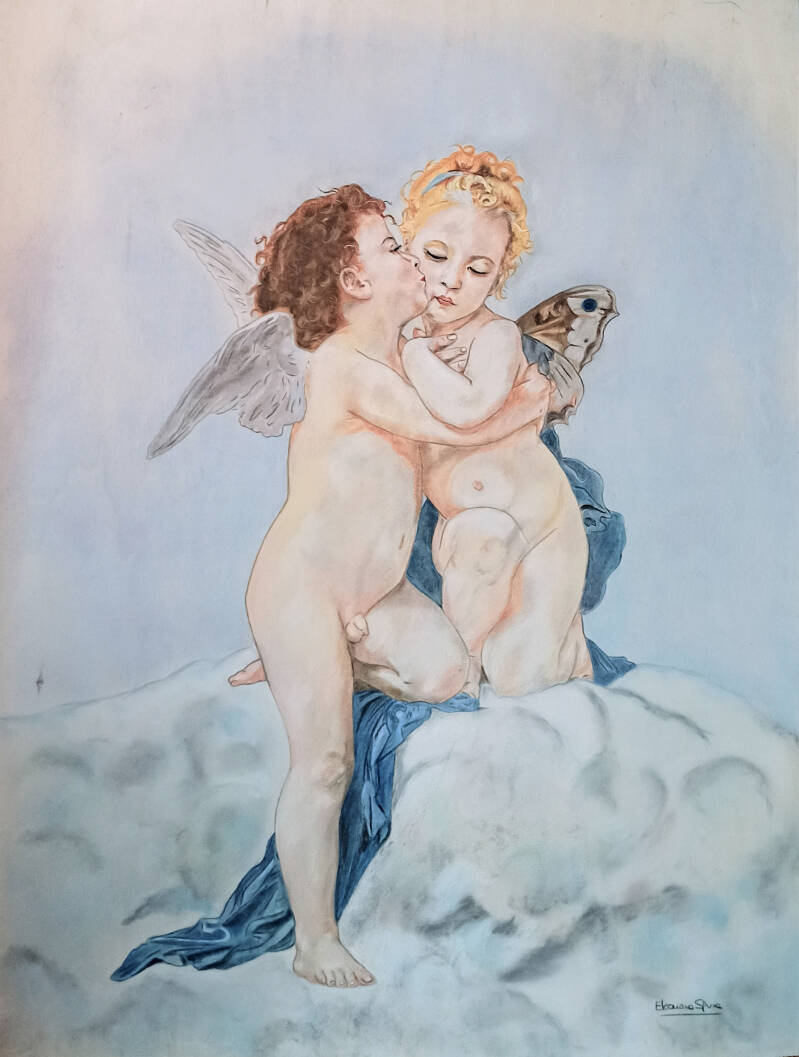 Quadro due cherubini angeli che si abbracciano tra le nuvole - pastello soft arte sacra