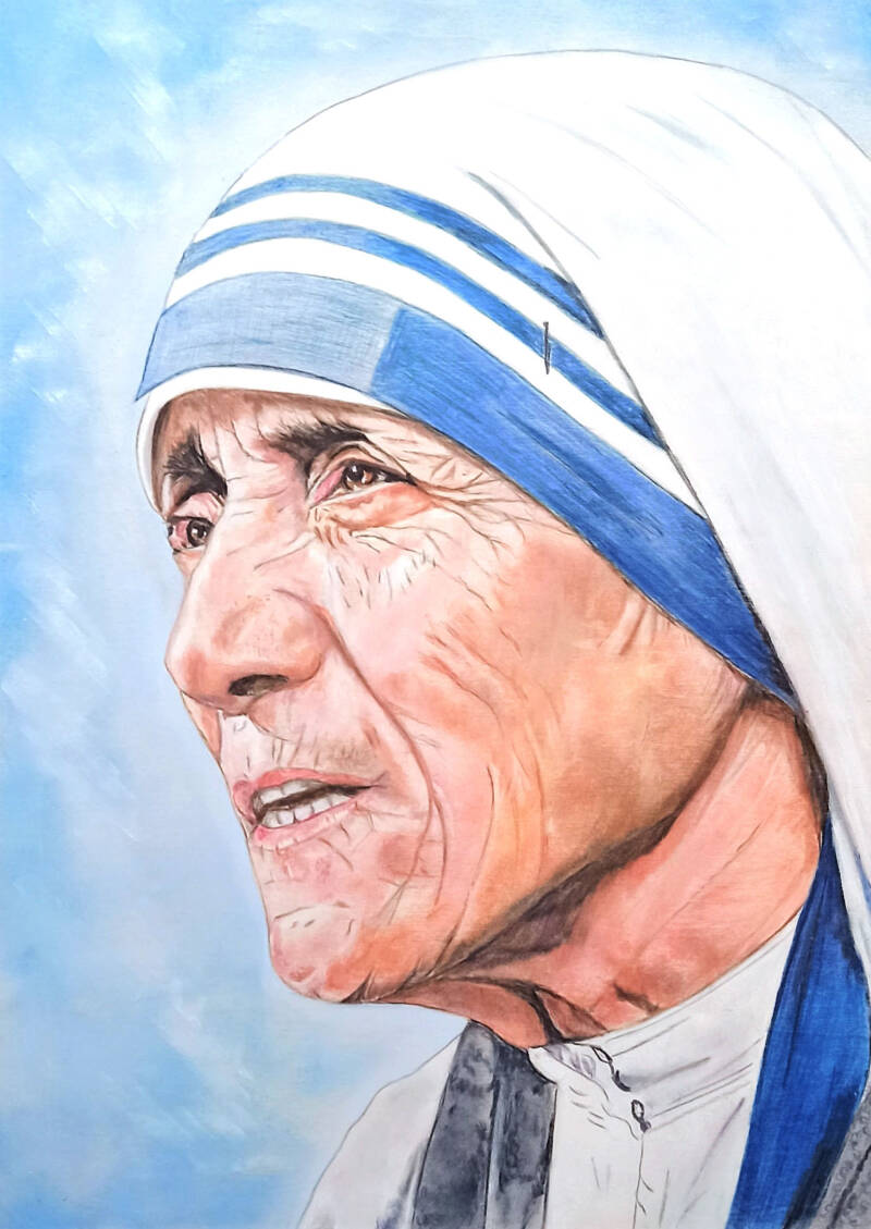 Ritratto di Madre Teresa di Calcutta a pastello soft - quadro arte sacra Eleonora Art