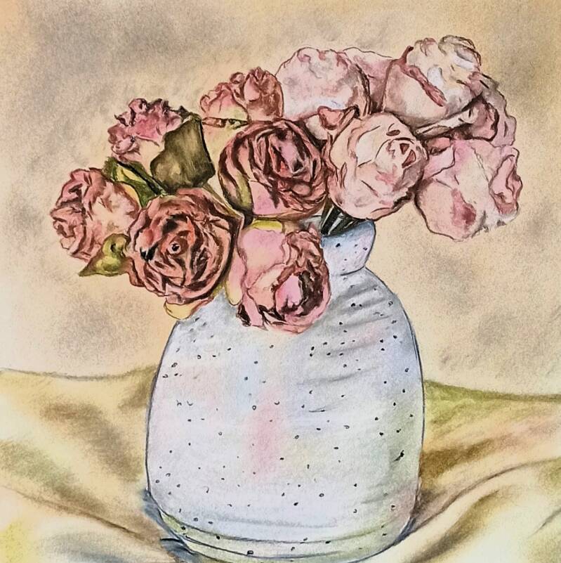 Quadro a pastello soft di rose rosa in vaso bianco - Eleonora Sgura Art