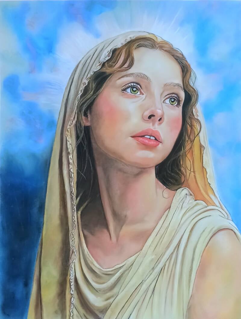 Quadro Vergine Maria volto sacro con velo bianco dipinto a pastello soft da Eleonora Sgura Art