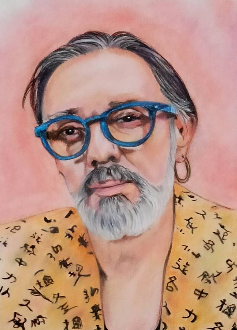 Gino Bosa - Ritratto occhiali blu barba camicia gialla fiori - Pastello soft - Eleonora Sgura Lombardia