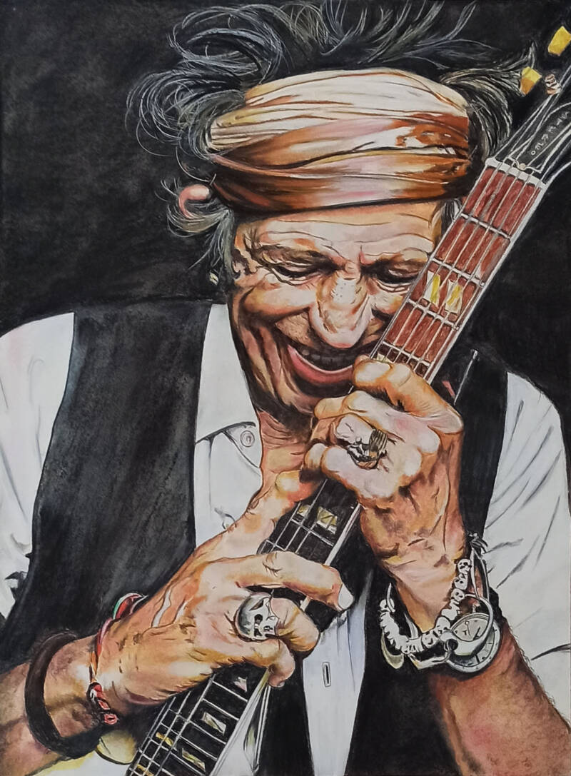 Keith Richards con chitarra bandana - Fan art Rolling Stones - Pastello su carta - Eleonora Sgura
