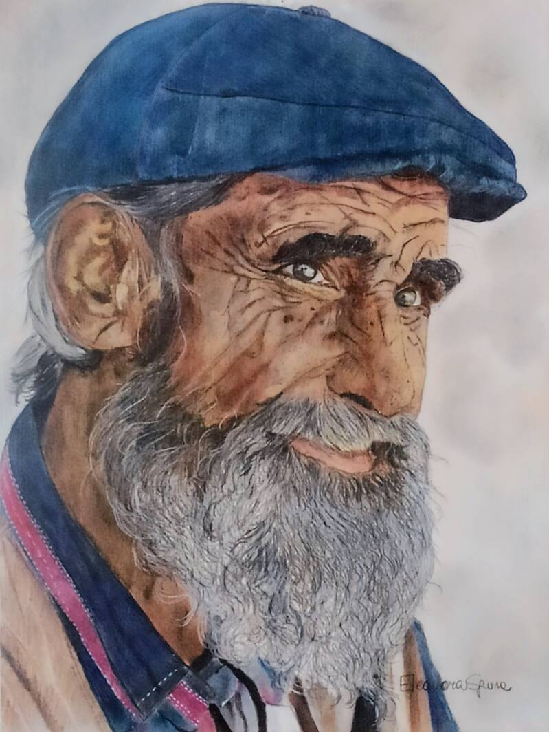 Il Custode del Tempo - Uomo anziano con cappello blu - Pastello su legno 40x30 cm 2018 - Figure maschili - Eleonora Sgura - Lombardia Italia