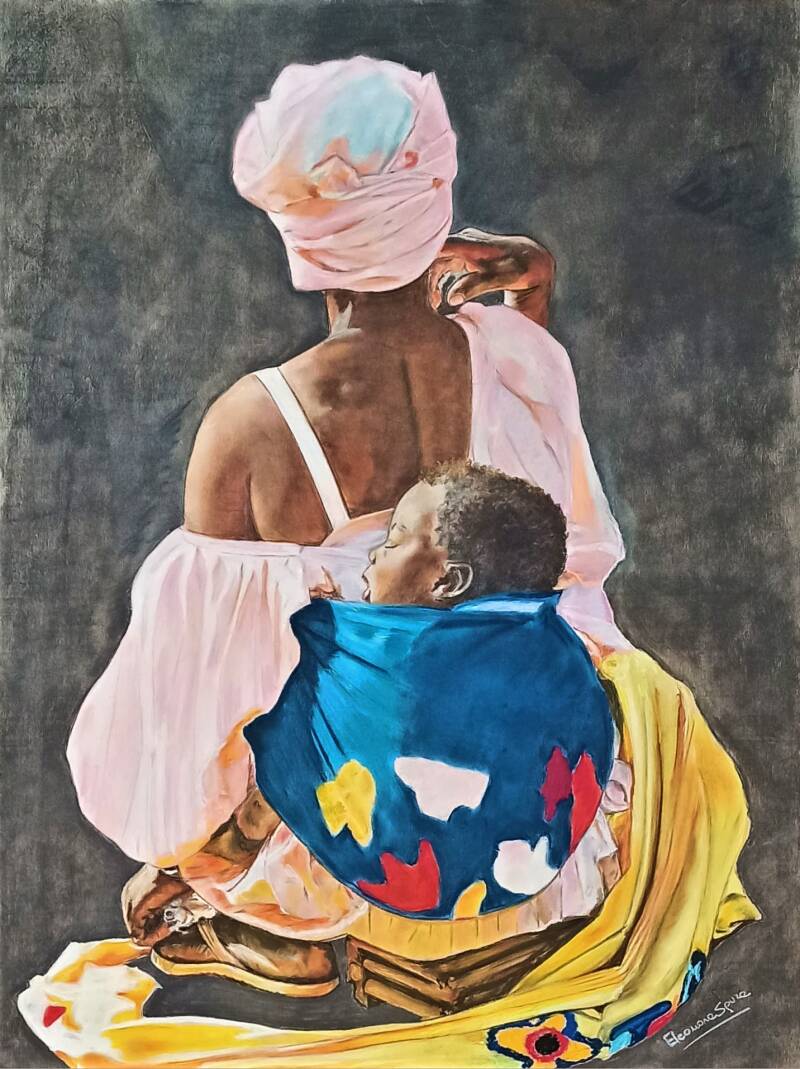 Maternità madre africana con bambino sulla schiena fascia colorata - pastello soft Lombardia