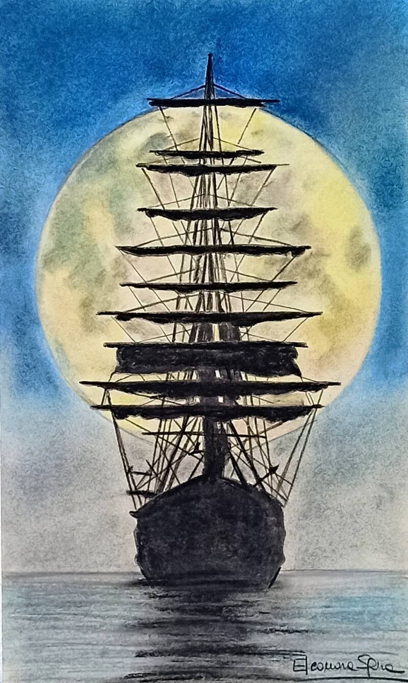 Quadro a pastello soft "Viaggiando con la fantasia" - veliero a vela in silhouette davanti a luna piena sul mare notturno, opera di Eleonora Sgura Art 40x24 cm 2020