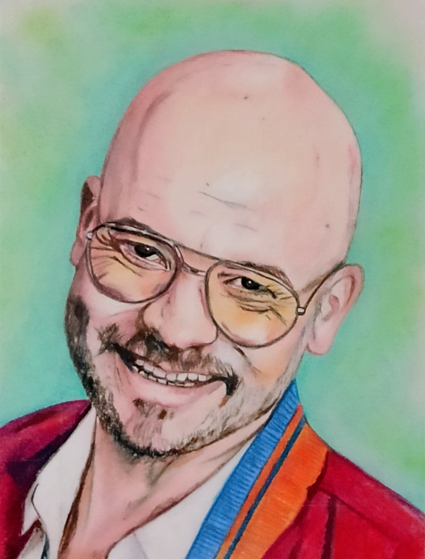 Ritratto maschile a pastello su cartone 25x20 - uomo calvo con occhiali gialli e giacca rossa - ritratto su commissione - Eleonora Sgura 2023