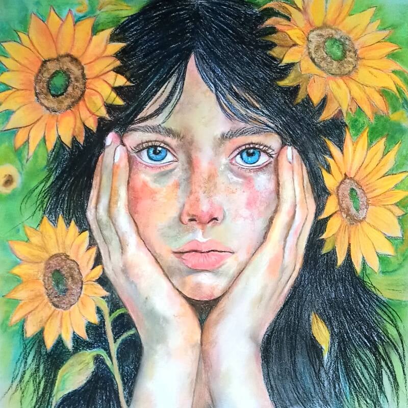Estate - ritratto di donna con girasoli, opera in pastello soft su carta, collezione Le Quattro Stagioni