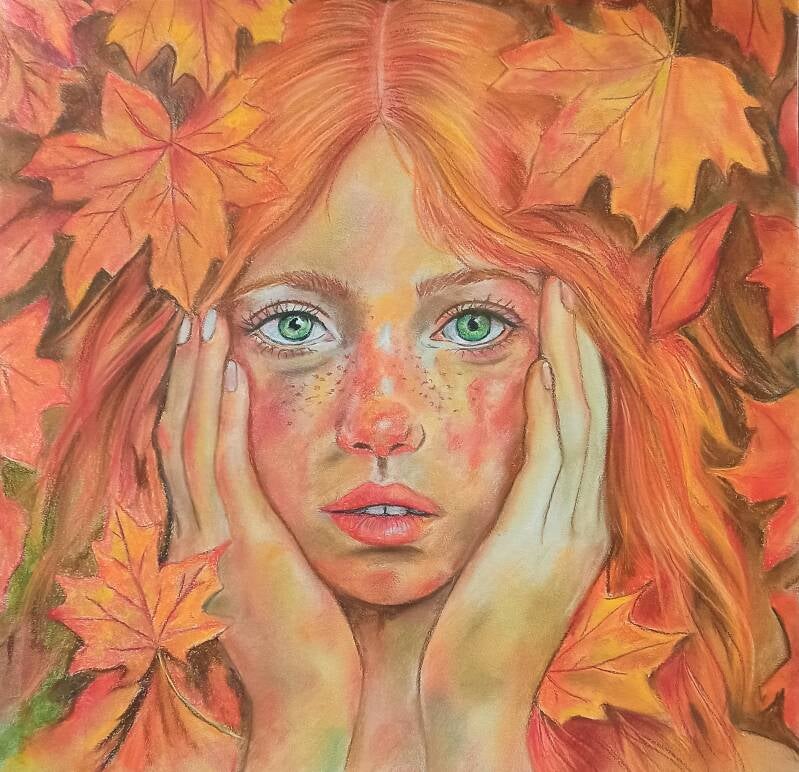 Autunno - ritratto di donna con capelli ramati tra foglie d'acero rosse, opera originale in pastello soft su carta 36x36 di Eleonora ARt