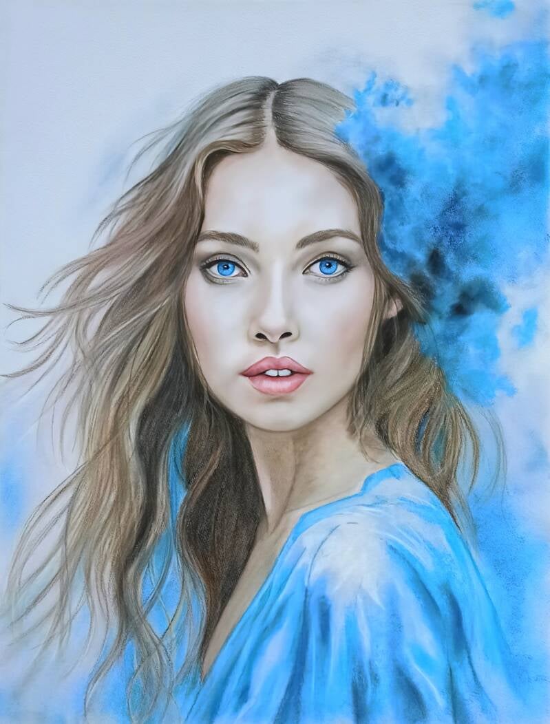 Celeste - ritratto di donna con occhi blu intensi e abito azzurro su nuvole blu, pastello soft su cartone
