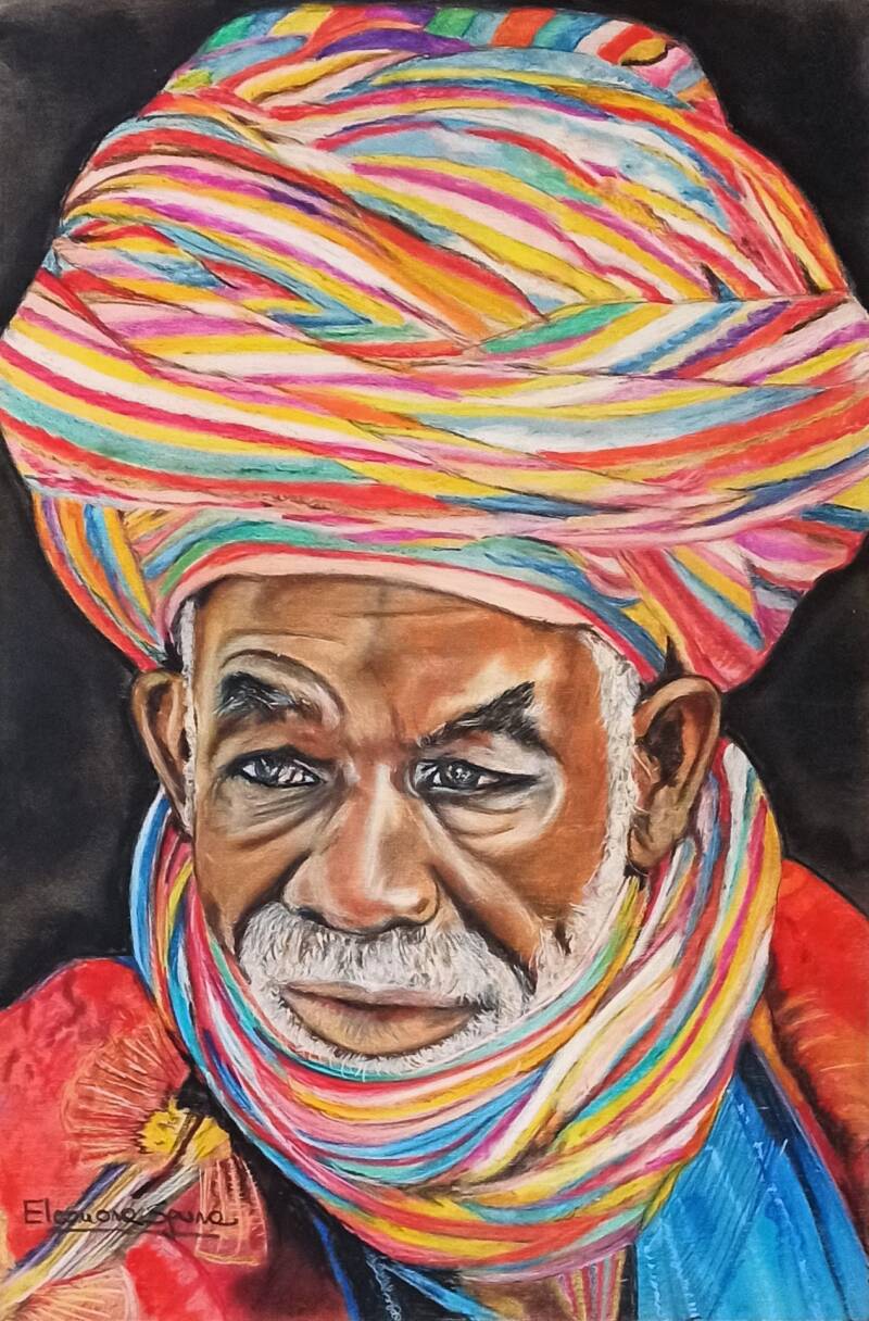 Uomo con turbante colorato arcobaleno - Pastello su legno 40x30 cm 2018 - Figure maschili - Eleonora Sgura - Lombardia Italia