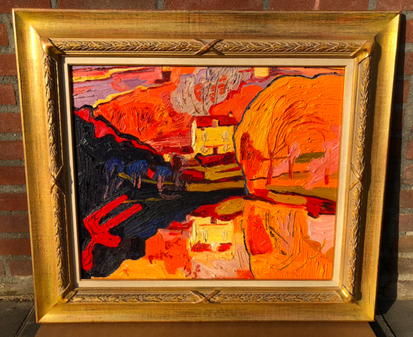 Origineel werk Peter Bol (1947) - Olieverf op board - Het huis van het 'Lac de la Barthe'
