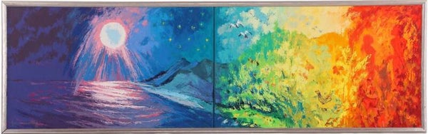 Origineel werk van Jannes de Vries (1901-1986) - Olieverf op doek - Groot tweeluik met kleurrijke voorstelling "De Schepping".