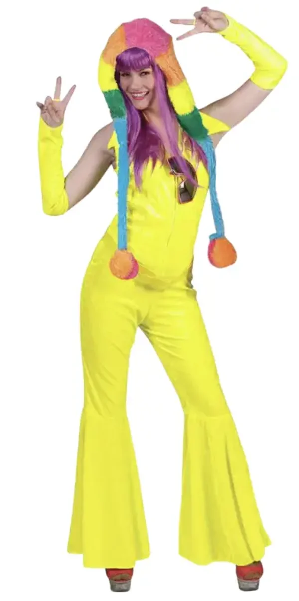 Disco Jumpsuit fluor Geel met armstukken, Maat 32/34*