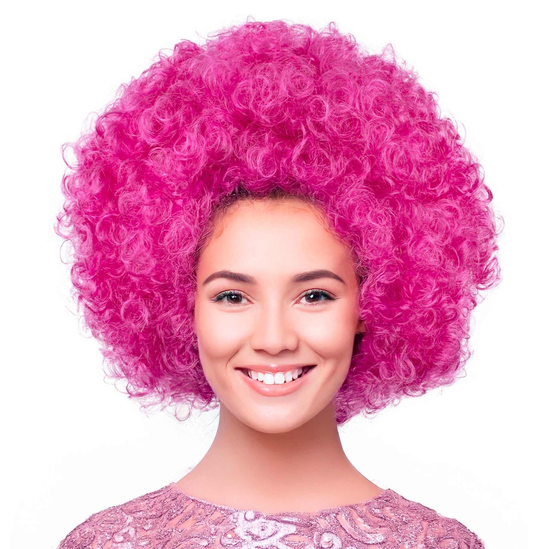 Pruik afro Fuchia roze