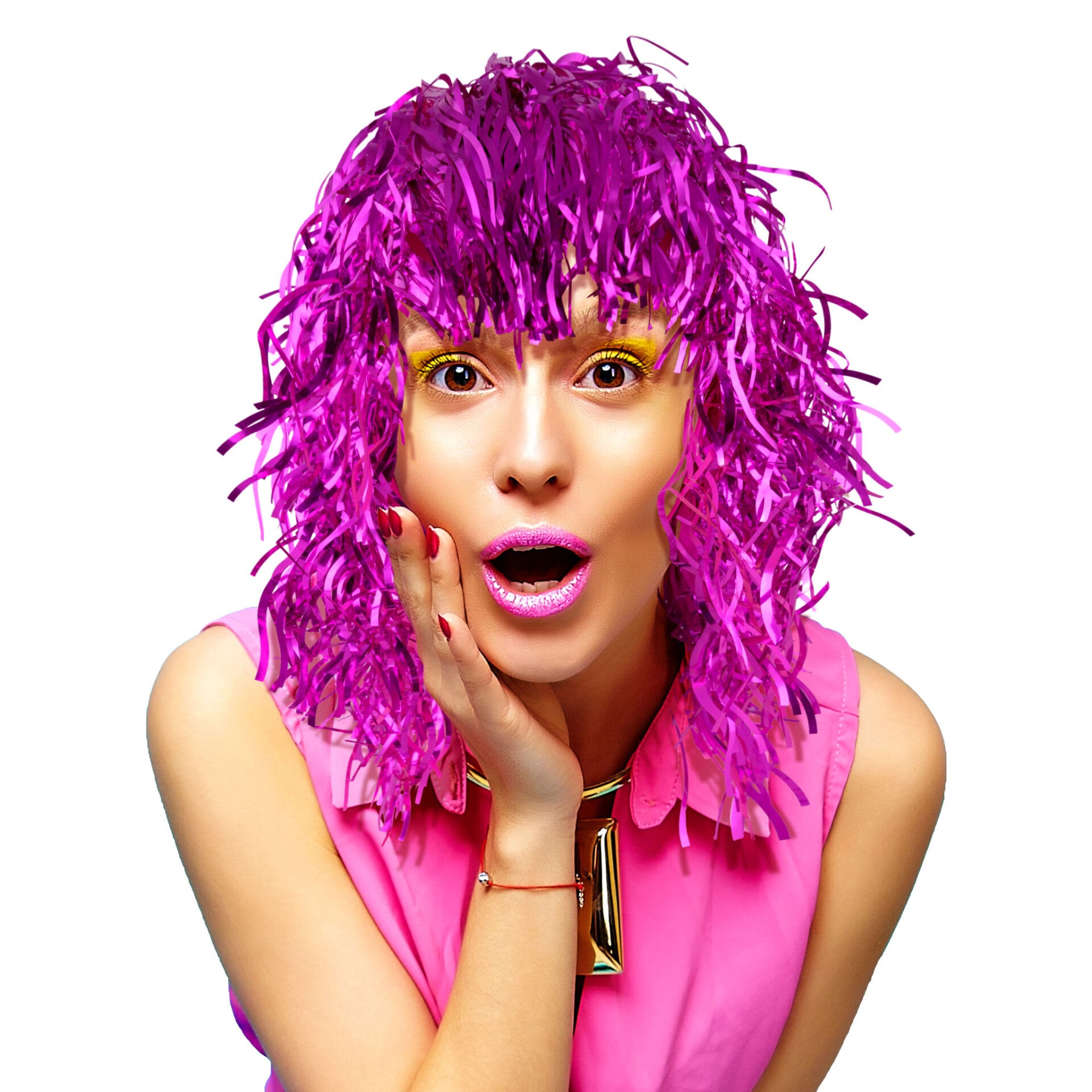 Pruik lametta tinsel kort pink