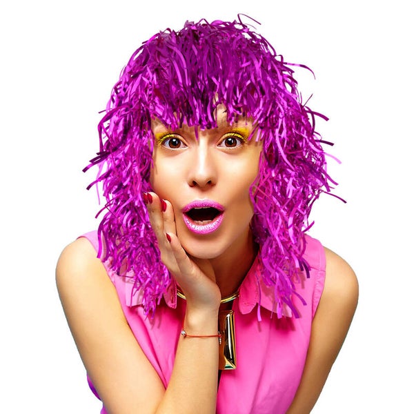 Pruik lametta tinsel kort pink