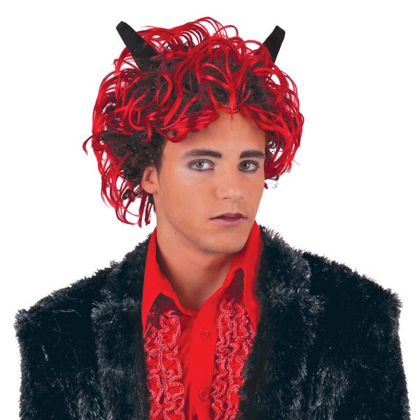 Pruik diablo rood met zwarte hoorns