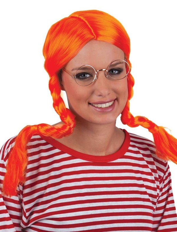 Pruik Pipi met vlechten oranje