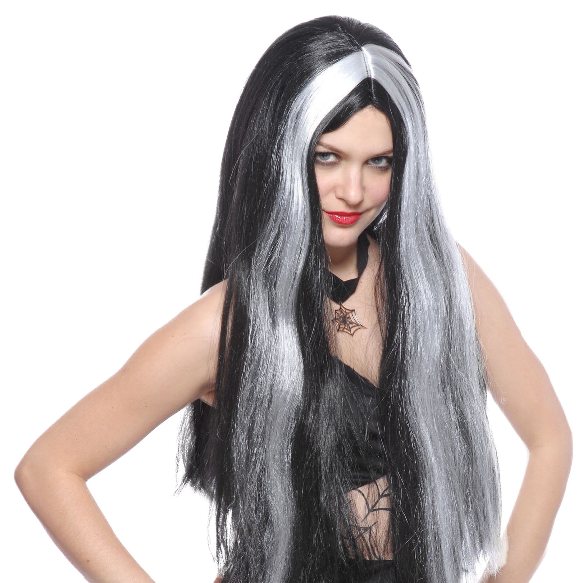 Pruik heks zwart met witte lok