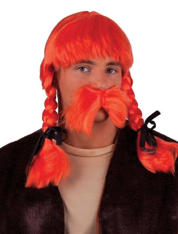Pruik Obelix met snor oranje