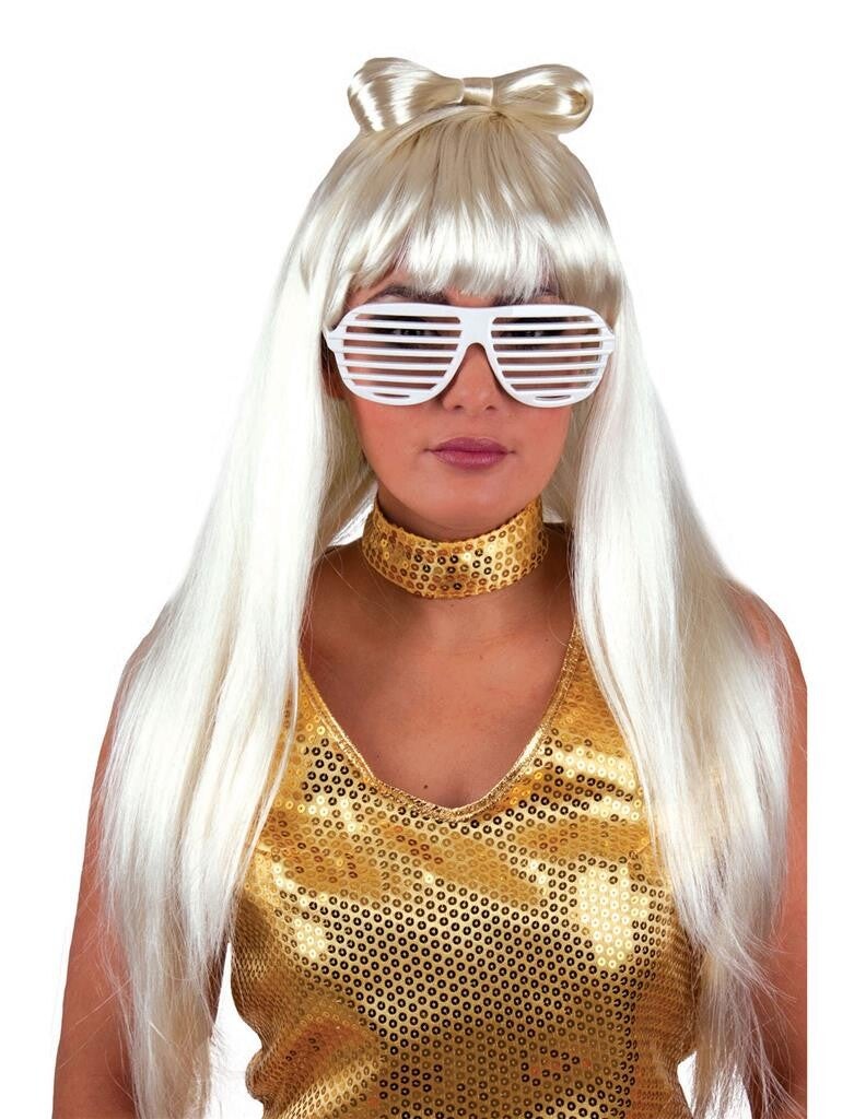 Disco Pruik met strik wit