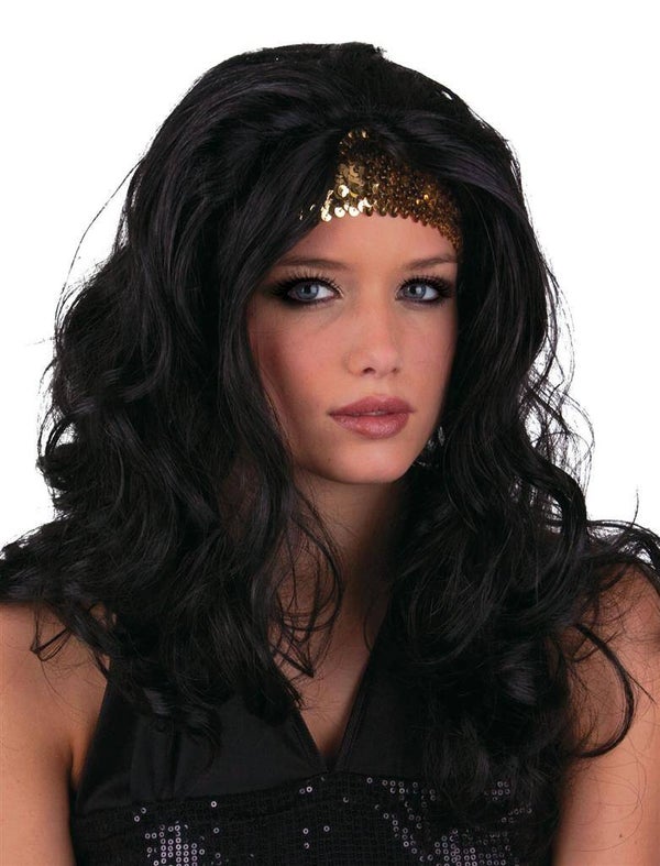 Pruik go go zwart met gouden haarband