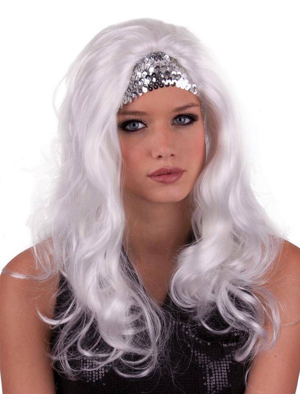 Pruik go go wit met zilveren haarband