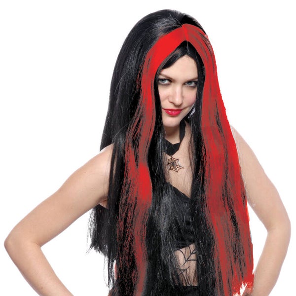 Pruik heks zwart met rode lok