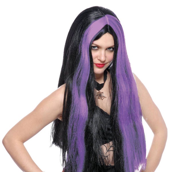 Pruik heks zwart met paarse lok