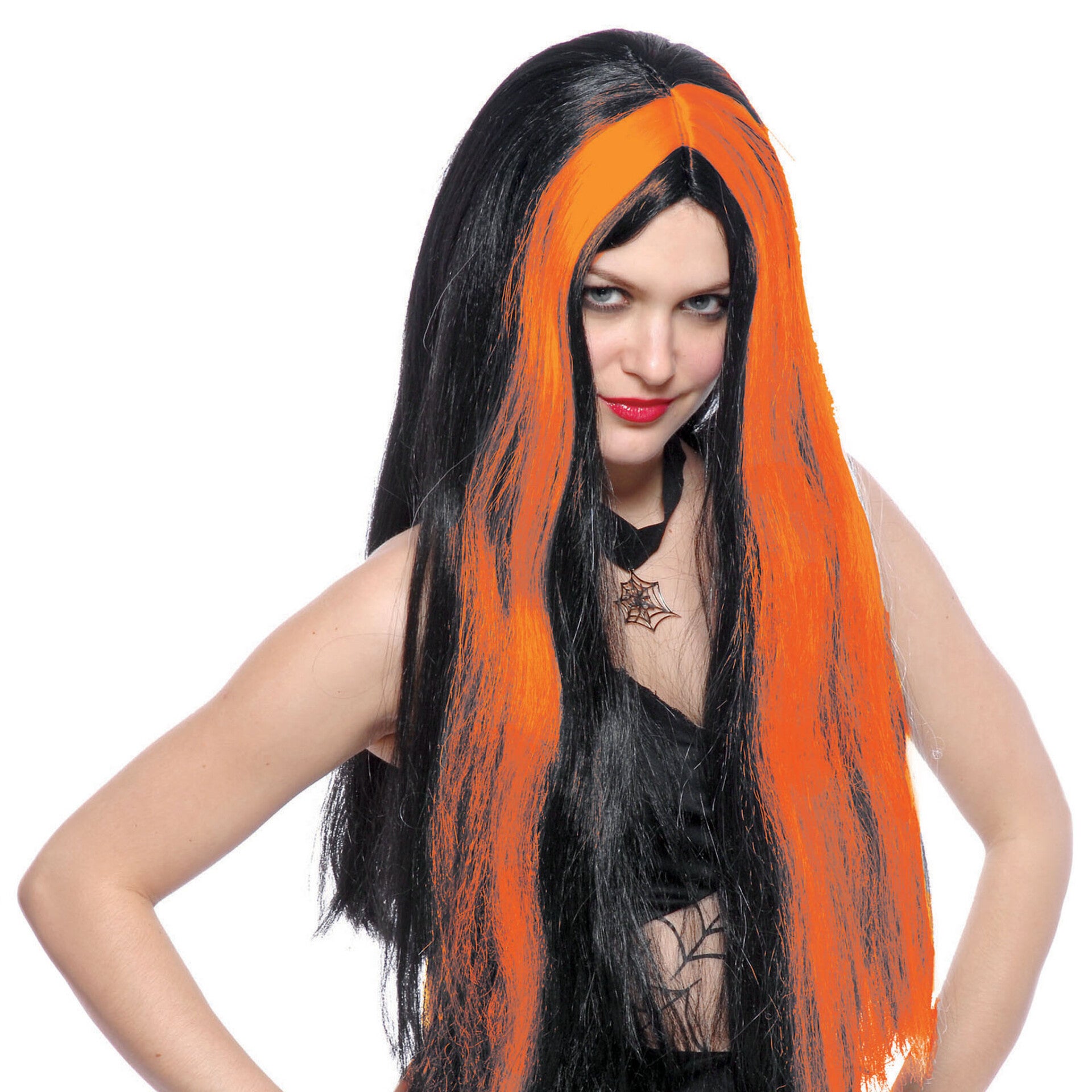 Pruik heks zwart met oranje lok